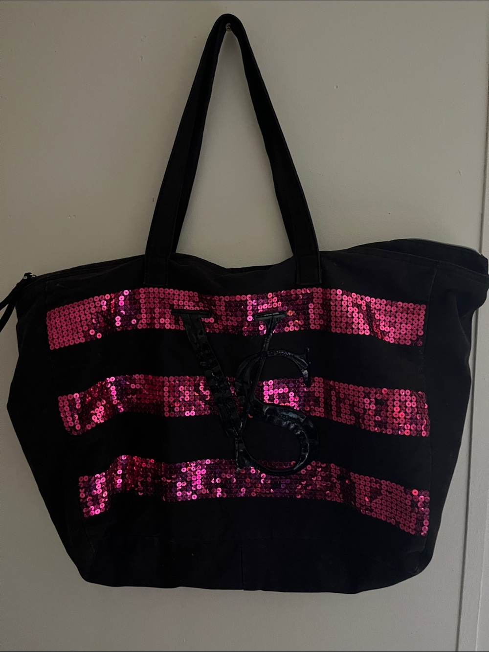 Victoria's Secret Black Tote with Hot Pink Sequin Stripes